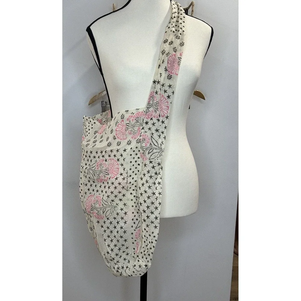 Free People‎ Woven Gauze Shopping Tote Dot Floral Boho Beige Beach Market NWOT